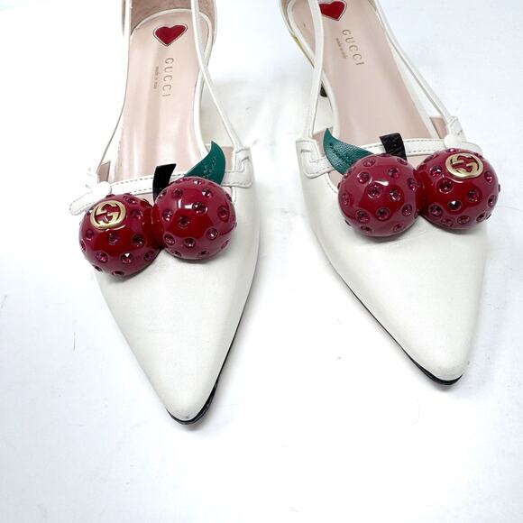 GUCCI Cherry Bone White Unia Leather Kitten Bamboo Heels Pointed Toe EU 37 US 7 - Picture 2 of 10